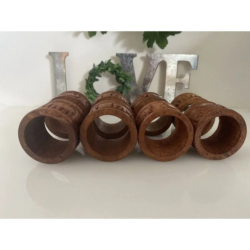 Vintage Elephant Retro Boho Hand Carved Wood Napkin Rings Holders India Set Of 8